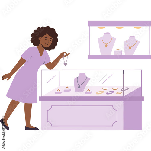 Woman examines jewelry in a store display case carefully.