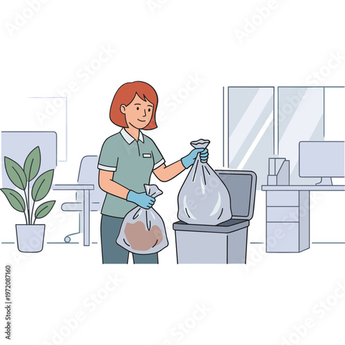 Woman in office throwing trash into bin with gloves on