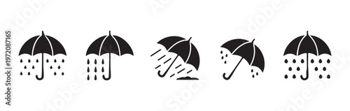 Collection of black rain and umbrella icons, illustrating weather protection against various downpours.