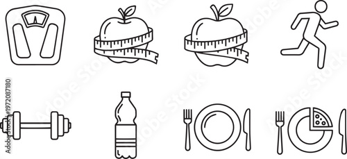 Collection of black and white representing health fitness and diet exercise nutrition weight loss