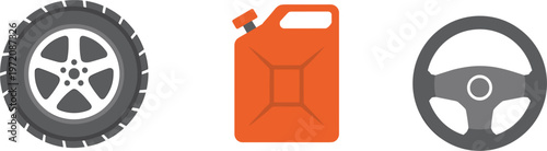 Car related symbols with wheel gasoline container and steering wheel perfect for auto service and vehicle design