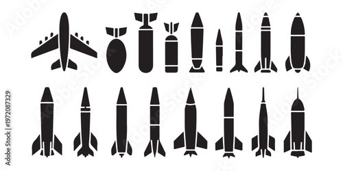 Weapon icons set. simple style military equipment collection. rocket, bomb, aircraft vector illustration concept.