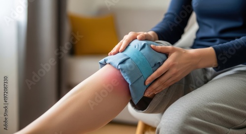 A person holding a blue heating pad on their knee with red spots indicating pain or inflammation.