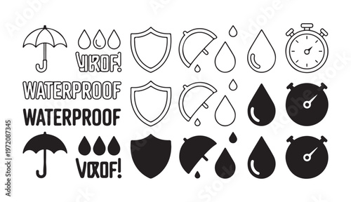Waterproof concept icons set with umbrella shield water drops stopwatch and sign offering protection from elements.