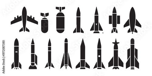 Set of missile and aircraft icons represents military technology danger threat and combat applications vector illustration.