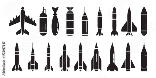 Weapon icons set. simple style military equipment collection. rocket, bomb, aircraft vector illustration concept.