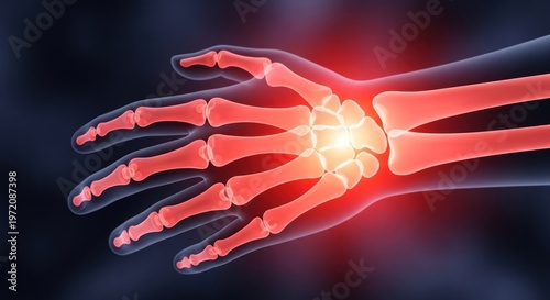 A human hand with a painful wrist, highlighted in red, against a dark background.