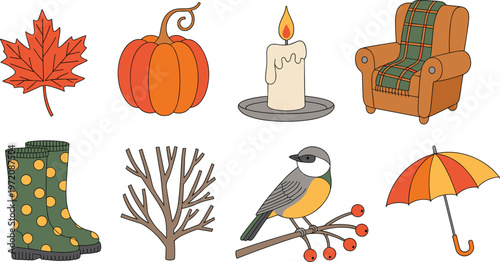 Autumn cozy elements set with pumpkin leaf candle chair boots bird and umbrella seasonal illustration collection