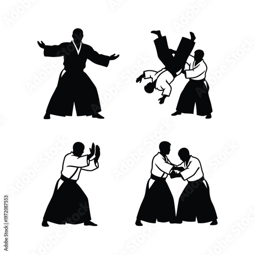Four black silhouettes of Aikido martial arts practitioners