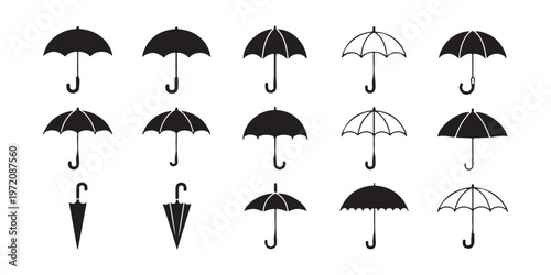 Various umbrella shapes and styles icons collection featuring closed and open parasol designs for weather app.