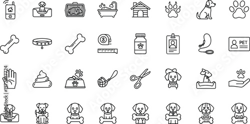 Pet care dog line icons set featuring grooming veterinary supplies training accessories animal service outline vector collection