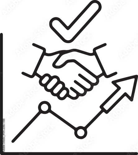 Art & Illustration, Handshake combined with a rising arrow representing profitable business deals and financial success. High-quality minimal black line vector graphic isolated.