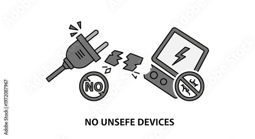 Broken electrical plug and damaged laptop, no unsafe devices icon