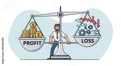 Businessman Balancing Profit and Loss Scales, Financial Crisis Concept