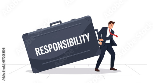 Businessman struggling to carry heavy briefcase labeled 'Responsibility'