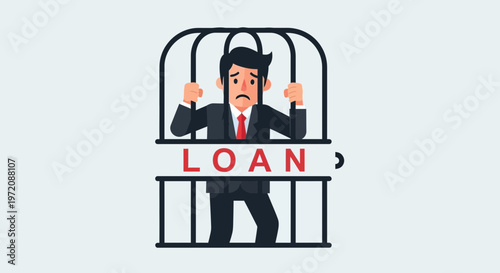 Businessman Trapped in Debt Cage with Loan Text