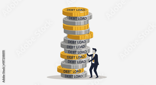 Businessman struggling with huge debt load stack of coins