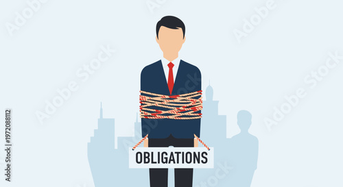 Businessman tied up with rope and 'Obligations' sign