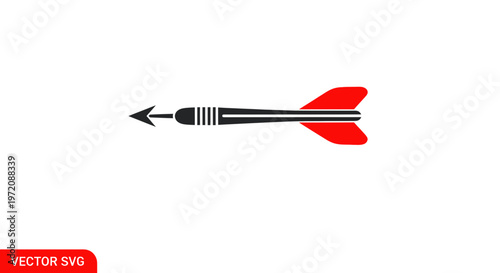Red and black dart flying towards target, isolated on white background, sports concept