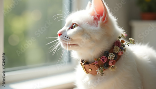 White cat with floral collar looking out the window in sunlight  