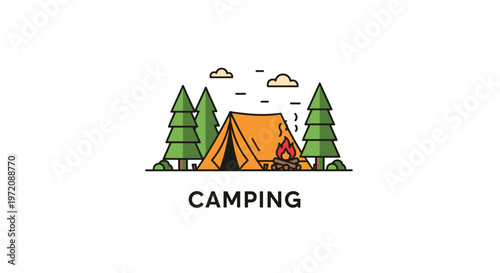 Flat line art illustration of a cozy camping scene with an orange tent and crackling campfire nestled between tall green pine trees.