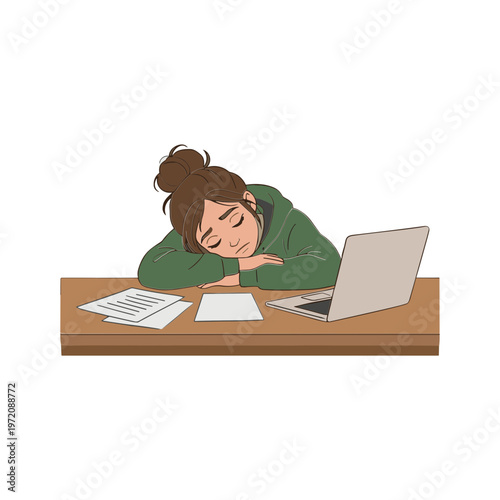 A woman falls asleep at her desk with a laptop and papers nearby in a boring office environment.