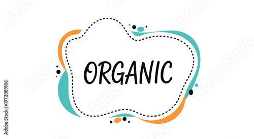 Simple organic label design with an abstract teal and orange blob shape and bold hand drawn lettering for eco friendly product branding.