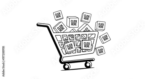 Shopping cart with floating "Click Here" buttons, online shopping and e-commerce concept illustration.