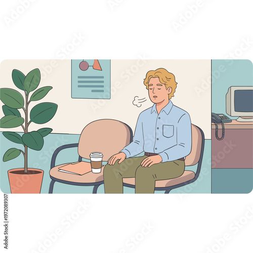 Man sitting in office waiting room with plant and coffee