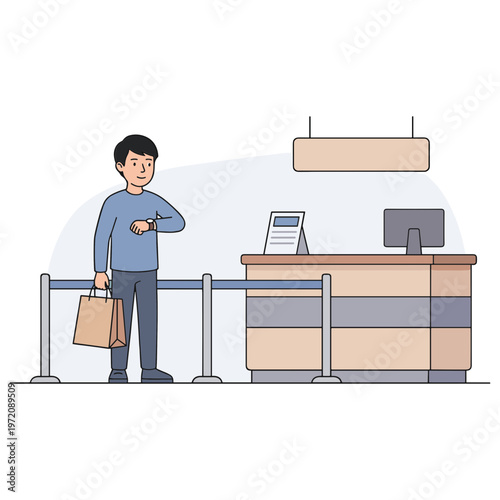 Man standing at travel check-in counter with luggage