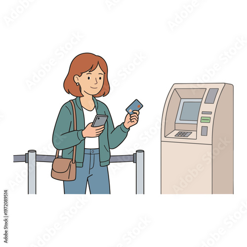 Woman uses card and phone at ticket vending machine outdoors.