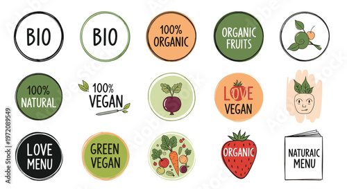 Large collection of fifteen organic food and vegan diet labels featuring natural bio and eco friendly icons for healthy lifestyle branding.