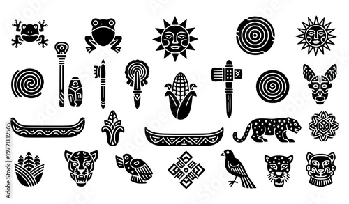 Detailed 16 Taino symbols solid icon set with cultural, historical, and indigenous illustrations