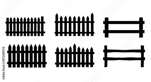 Collection of black silhouette fencing styles including picket and rail fences on a white background representing boundaries security and property