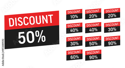 Collection of bright red and black discount tags and labels showing percentages from 10 to 90 for retail sales and special offers isolated on white