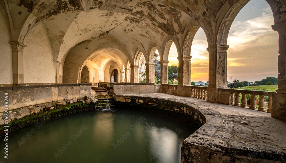 Obraz premium Old arched stone building with green water pool inside, leading to sunny outdoor scenery