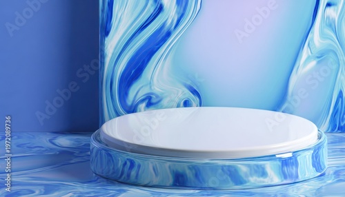 Blue marble fluid podium with glossy surface abstract cosmetic product display background