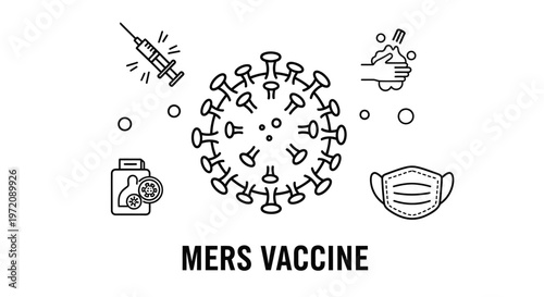 MERS vaccine concept illustration with virus icon, syringe, medical mask, and hand washing in black and white line art style.