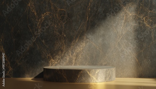 Luxury dark marble podium with golden veins elegant product display background