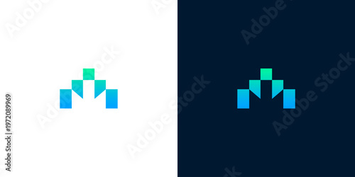 Abstract geometric digital letter M logo icon in gradient blue and green, representing technology and innovation