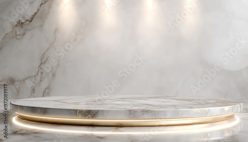 Luxury white marble podium with golden light elegant minimal product display background