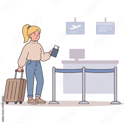 Woman stands at airport check-in with luggage and passport