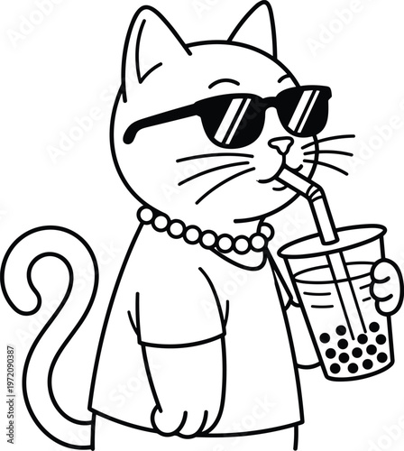 Cute cartoon cat wearing sunglasses and drinking boba milk tea bubble tea coloring page illustration for kids activity book isolated on white