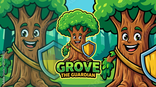 Cartoon trees with smiling faces.