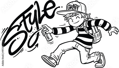 Street art illustration featuring a happy running graffiti artist character spraying ink from a can with the word style in bubble letters