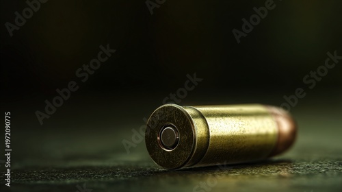 ejected. Single brass cartridge case ejected from an antique revolver, isolated on dark background. mobility guides, transit brochures, designed for mobility and urban transit guides.