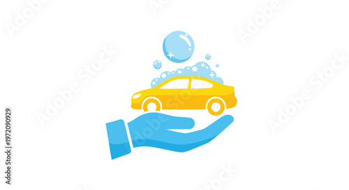 Car Wash Service: Hand Holding Yellow Car with Soap Bubbles