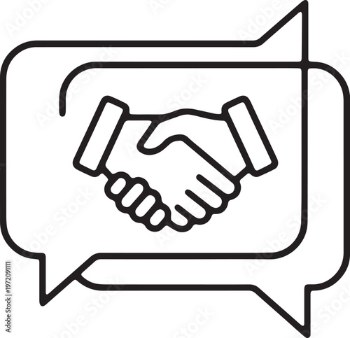 Adobe Illustrator Artwork, Handshake inside a chat bubble symbolizing an online agreement and virtual partnership. Clean corporate outline vector design isolated on a white background.