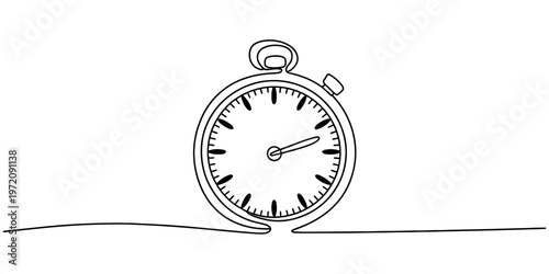 A single continuous line drawing of a classic stopwatch timer used for measuring short intervals. Vector, illustration