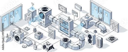 Smart HVAC System Isometric Illustration with Air Conditioning, Ventilation Ducts, Heat Pumps, and Digital Control Panels for Sustainable Building Climate Management